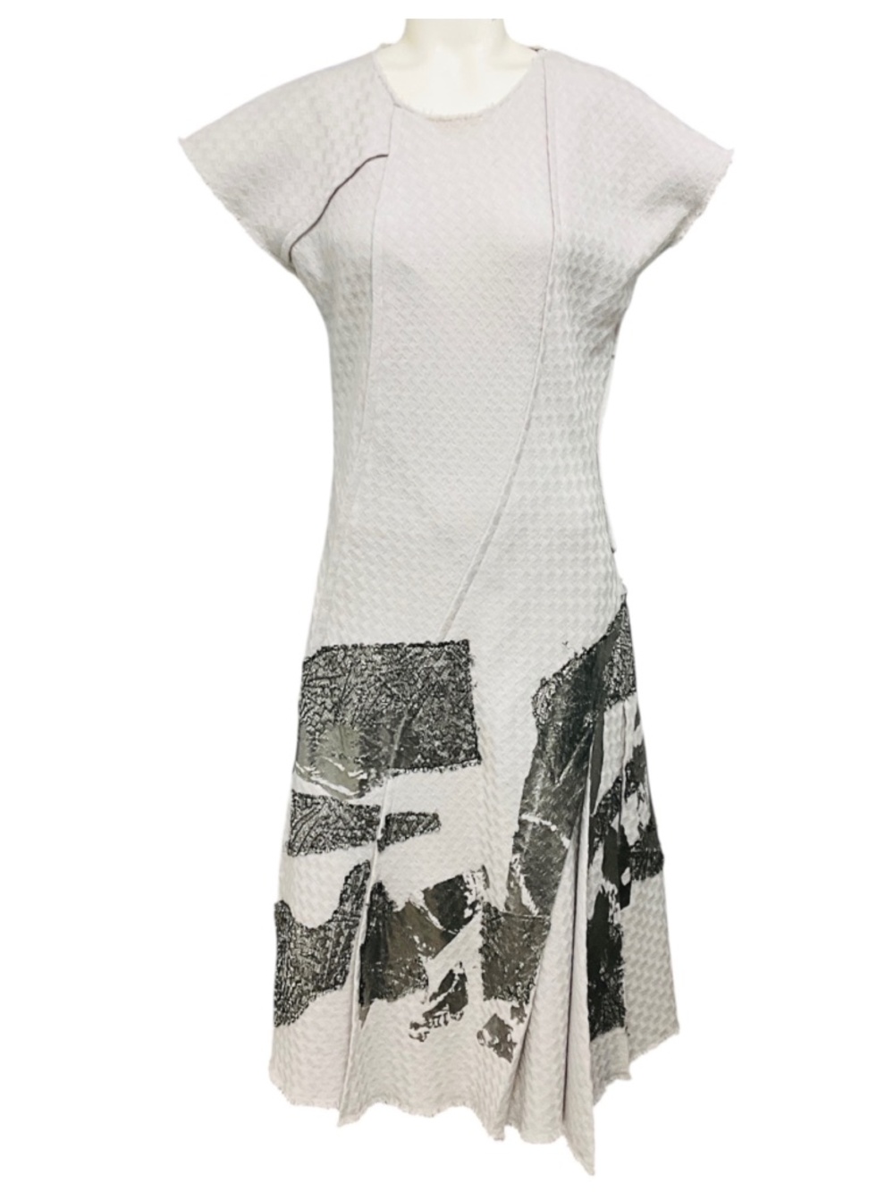 BOTTEGA VENETA LIGHT GREY / GUNMETAL METALLIC EMBELLISHED WOOL MIDI DRESS